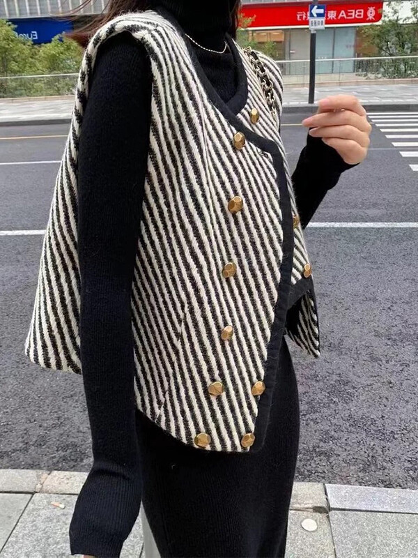 New in winter! [X·H STUDIO] Houndstooth double-breasted diagonal striped vest 08176# OZQ