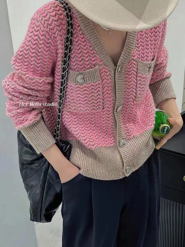 New in winter!【HEY BELLA】V-neck single-breasted color-blocking comfortable warm sweater B9656# L