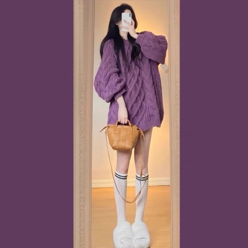 Design Sense Niche Japanese Retro High Sense 2022 New Spring and Autumn Lazy Wind Purple Twist Sweater Women's Autumn