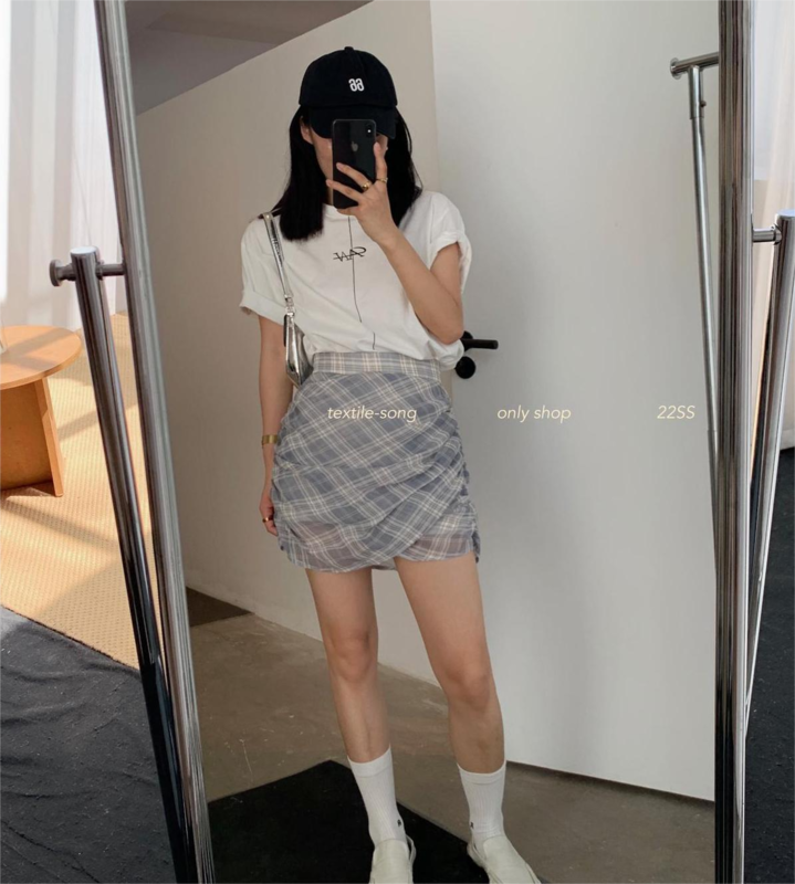 【UNITY】Small spliced ​​plaid skirt commuter temperament gray bag hip skirt TS620