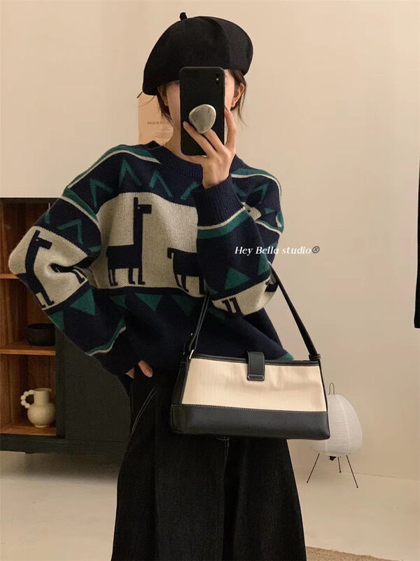 New in autumn! [HEY BELLA] Retro geometric comfortable all-match warm sweater B9522# L