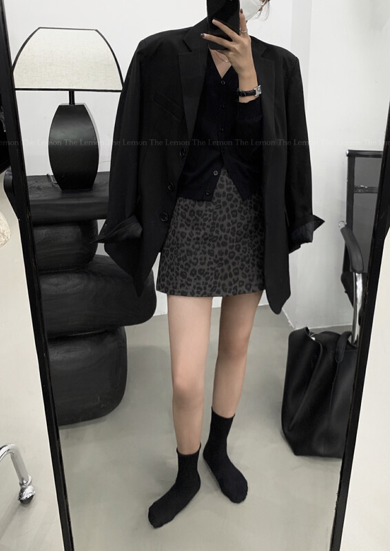 [Lemon Green Tea] High-waisted slim retro bag hip leopard print skirt 2389