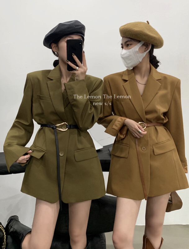 [Lemon Green Tea] Korean version chic high-end loose and simple suit (with belt) 2336