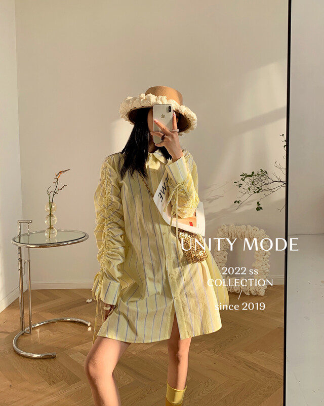 【UNITY】Drawstring Striped Dress Women's Mid-Length Shirt Dress 8255-2