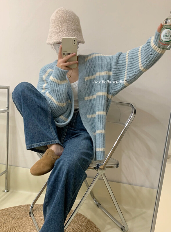 New in winter!【HEY BELLA】Korean Five-color Striped Lazy Wind Warm Sweater 9632# L