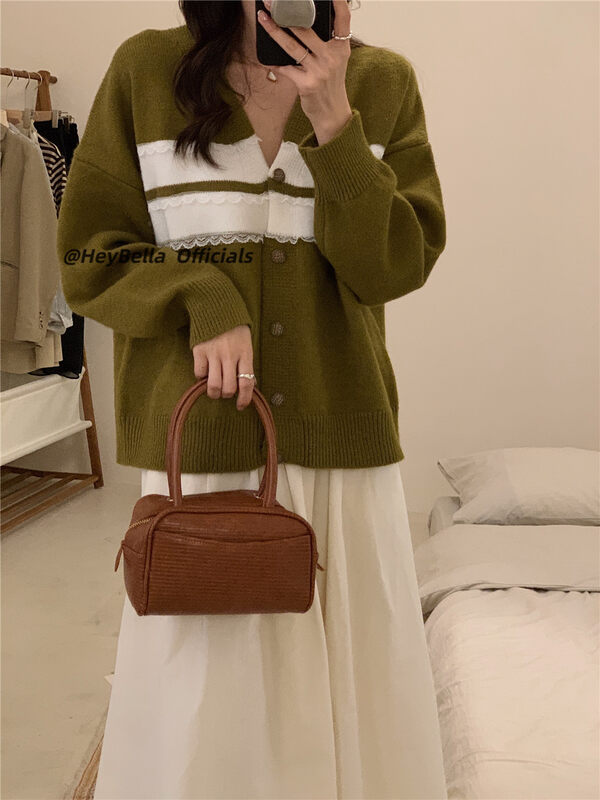 New in autumn!【HEY BELLA】V-neck single-breasted stitching comfortable warm sweater B9397# L