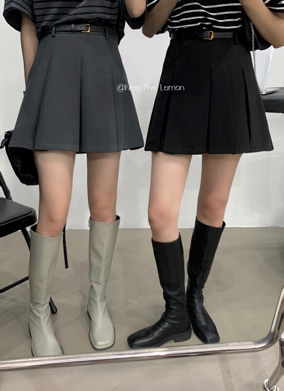 [Lemon Green Tea] Korean High Waist Temperament A Version Skirt (with Belt) Pleated 2506
