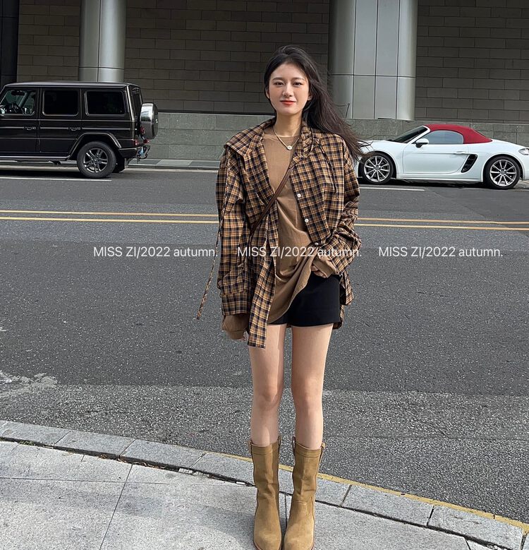 【MISS ZI】Casual all-match plaid hooded shirt 3211# CQW