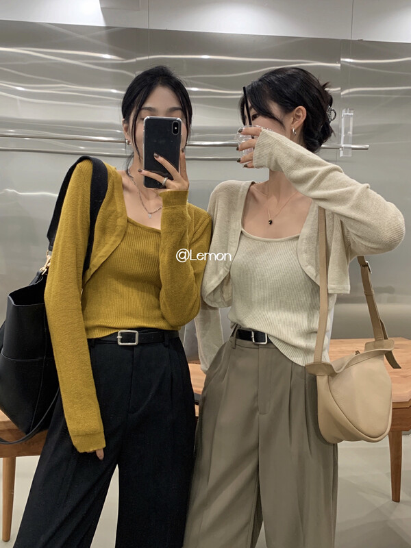 [Lemon Green Tea] Gentle and Simple Temperament Knitted Cardigan + Sling Suit 00-201