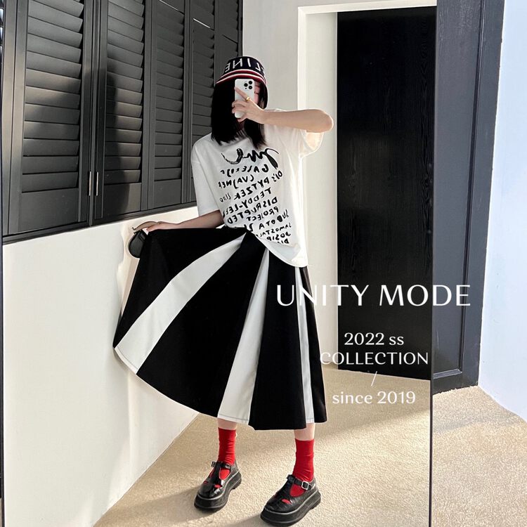 【UNITY】Black and white stitching pleated high waist drape skirt 6305-1# CQW