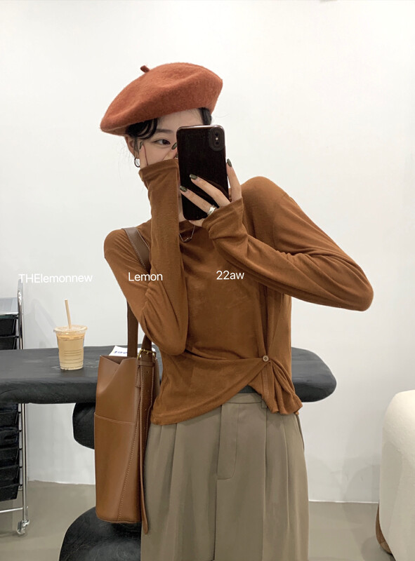 [Lemon Green Tea] Round neck solid color design versatile bottoming long-sleeved T-shirt 2378# FHX