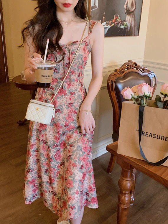 【L.L STUDIO】Retro Sweet Oil Painting Floral Flying Sleeve Dress 78183# PCZ