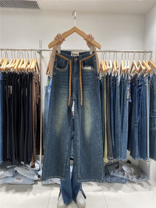 【JEANS】Thickened lace-up wide-leg jeans (with belt) R323# LSW