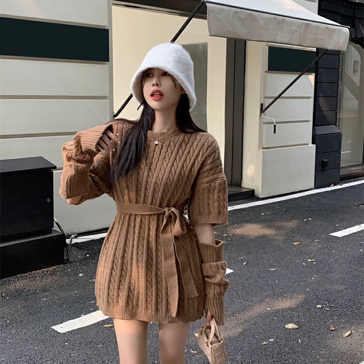 【L.L STUDIO】Loose Twist Round Neck Knit Dress (with Waist Cord, Sleeves Removable) 78185# PCZ