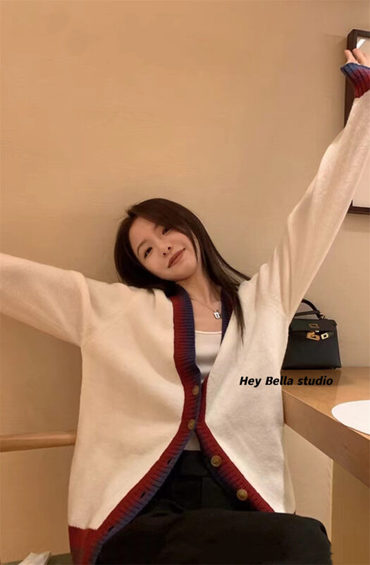 New in autumn!【HEY BELLA】V-neck single-breasted color-blocking comfortable knitted cardigan B9263# L