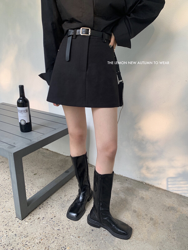 [Lemon Green Tea] High waist and slim A-line basic skirt (with belt) 2332