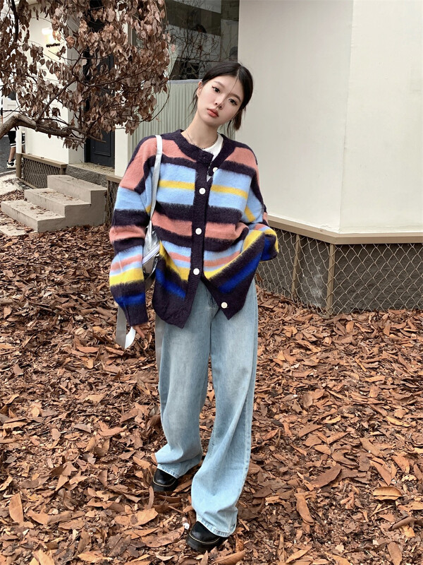 【X·H STUDIO】Loose Soft Waxy Lazy Colorful Striped Knit Cardigan 8572# OZQ
