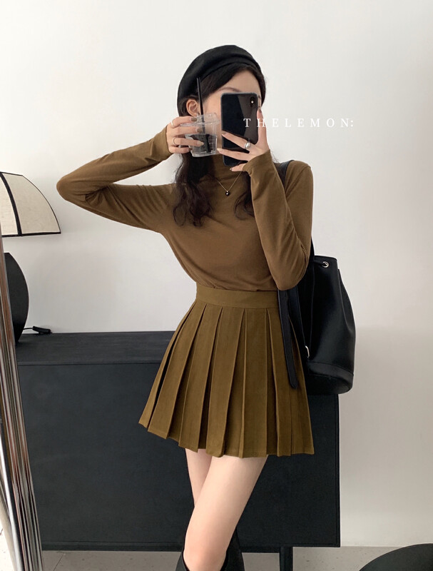 [Lemon Green Tea] Korean Simple A Version High Waist Slim Pleated Skirt 2510