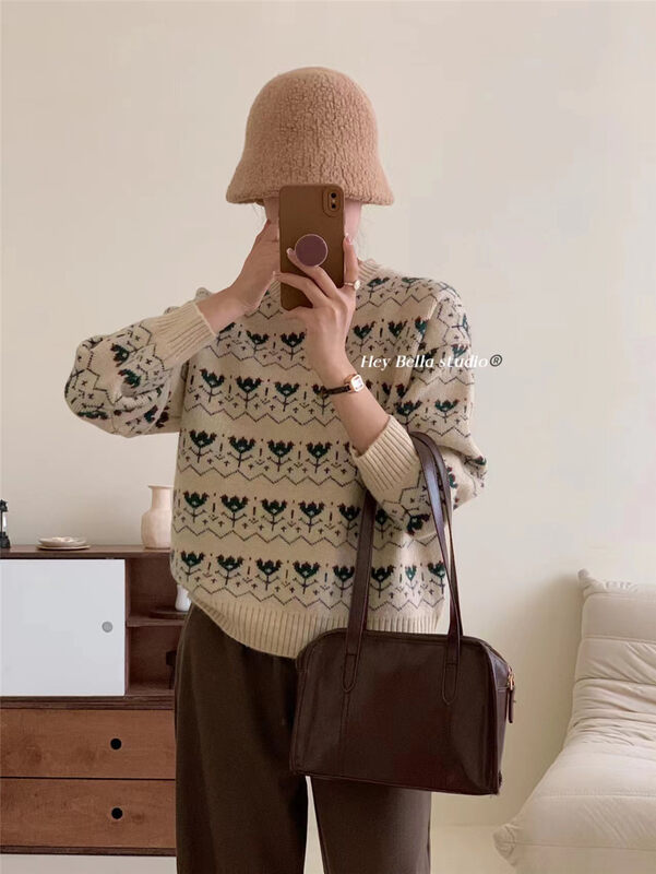 New in winter!【HEY BELLA】Korean floral comfortable all-match pullover warm sweater B9568# L