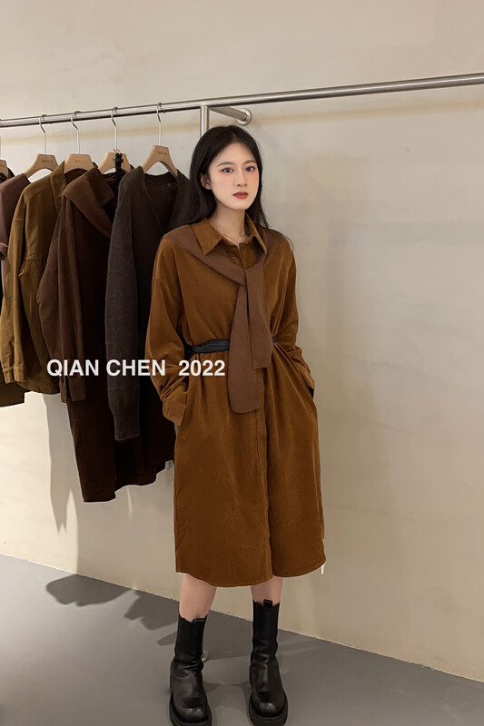 【MISS ZI】2022 Autumn Korean Casual Shawl Extended Corduroy Shirt (with Shawl) 3075# CQW