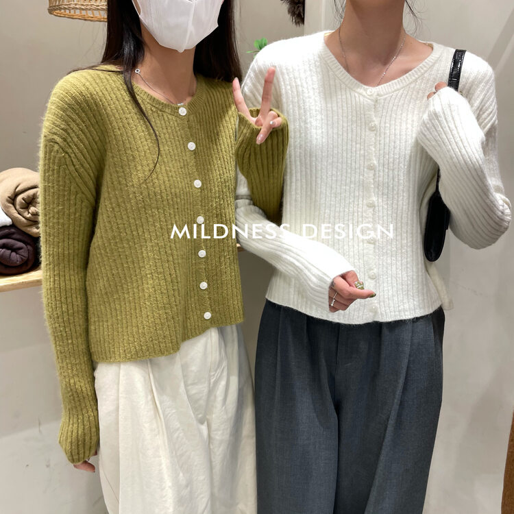 【MILDNESS】Pit strip round neck loose knitted cardigan M8039# FHX