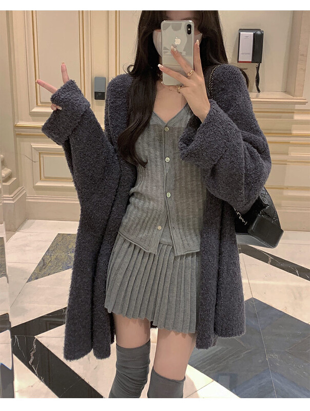 New for winter!  【BY】V-neck slim knitted cardigan + high waist A-line skirt suit 7407# HJY