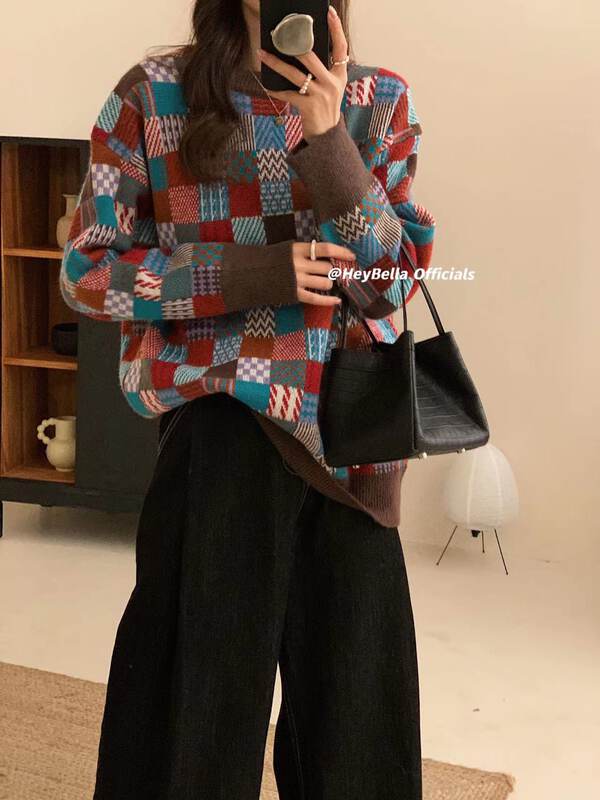 New in autumn! [HEY BELLA] round neck plaid fashion all-match loose warm sweater B9542# L