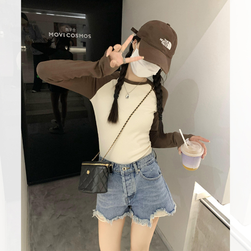 Raglan stitching long-sleeved t-shirt women's  autumn new slim fit and thin bottoming shirt American style contrast color retro top