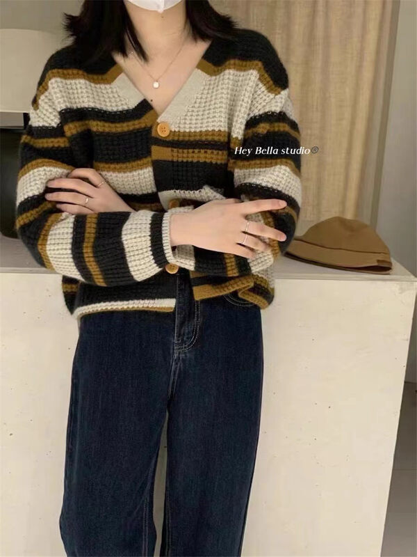 New in winter!【HEY BELLA】V-neck single-breasted striped comfortable knitted cardigan B9583# L