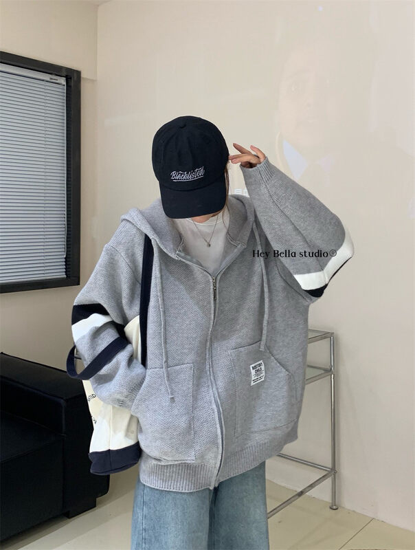 New in winter! [HEY BELLA] Korean hooded loose zipper comfortable warm sweater B9625# L