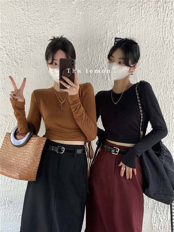 [Lemon Green Tea] Korean drawstring waist design long-sleeved T-shirt 2339