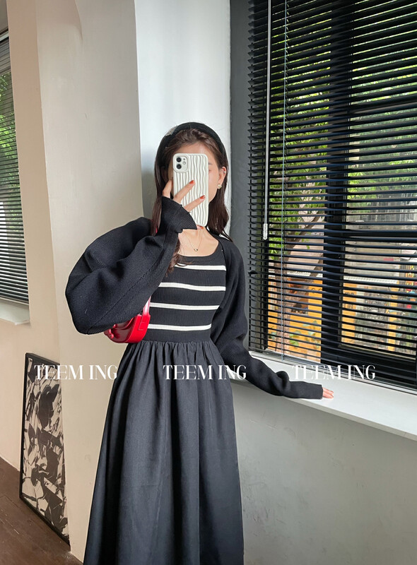 【TEEM ING】Simple knitted cardigan + striped mid-length dress two-piece suit 22T633# HJY