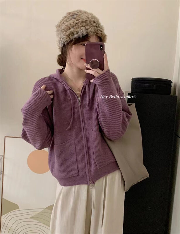 New in winter! [HEY BELLA] V-neck loose single-breasted solid color warm sweater B9618# L