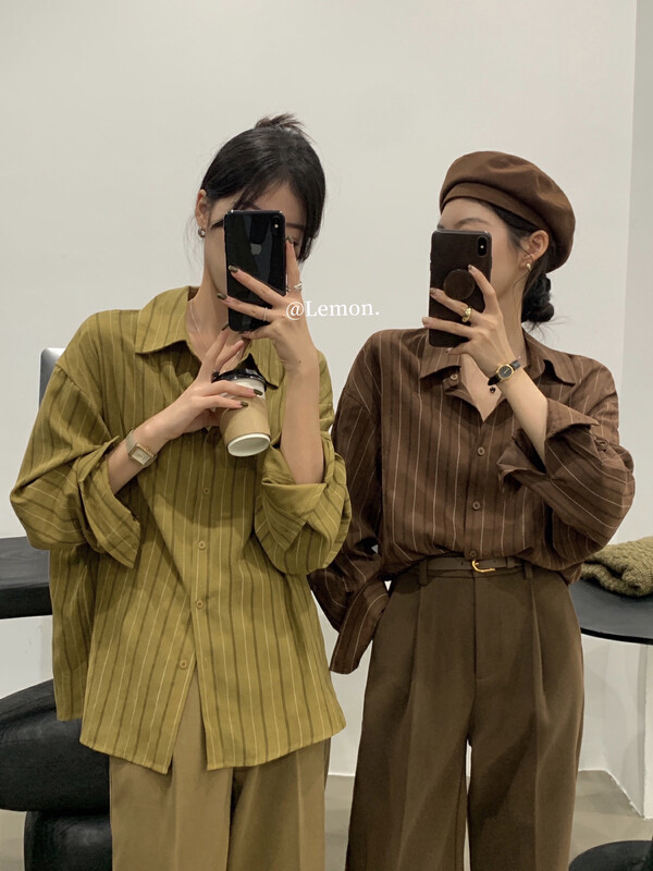 [Lemon Green Tea] Autumn New Vertical Striped Loose Shirt 2532