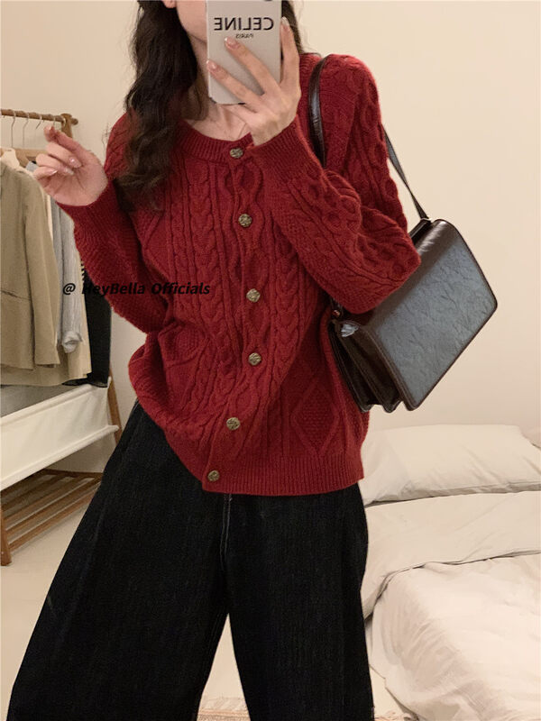 New in autumn! [HEY BELLA] round neck single-breasted comfortable all-match solid color warm sweater B9389# L