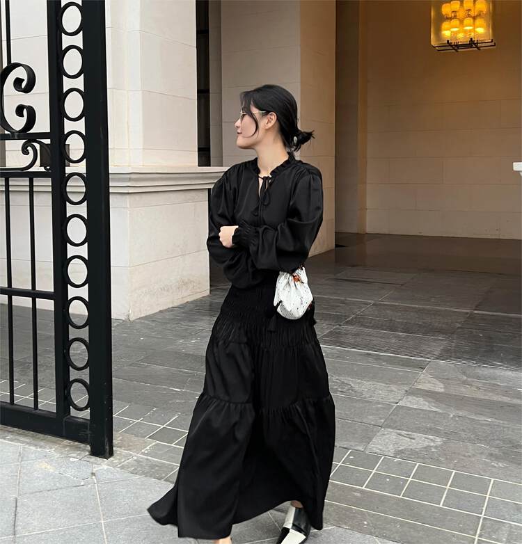 【UNITY】Black pleated French commuter style waistband strap dress Q38001# CQW
