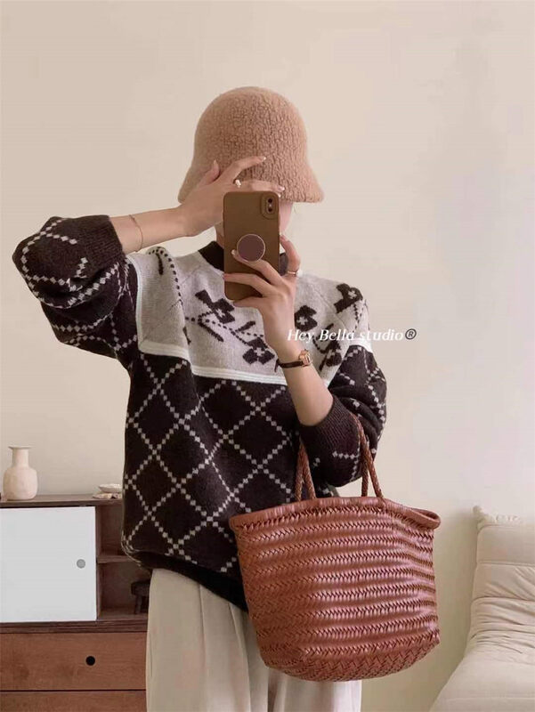 New in winter! [HEY BELLA] round neck colorblock comfortable all-match warm sweater B9563# L