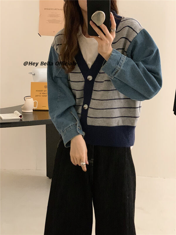 New in autumn! [HEY BELLA] V-neck striped slim and comfortable knitted cardigan 9329# L
