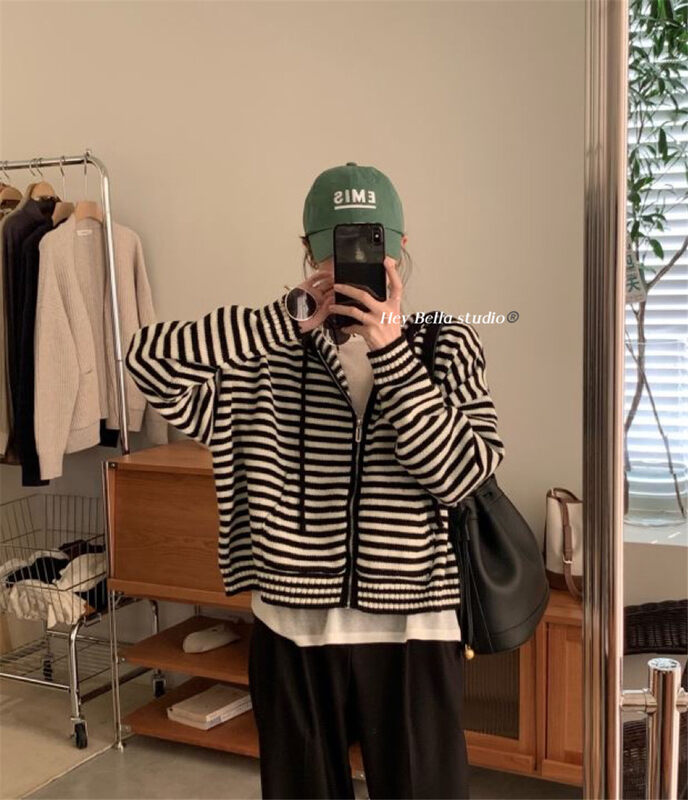 New in autumn! [HEY BELLA] hooded zipper striped loose knitted cardigan 9503# L