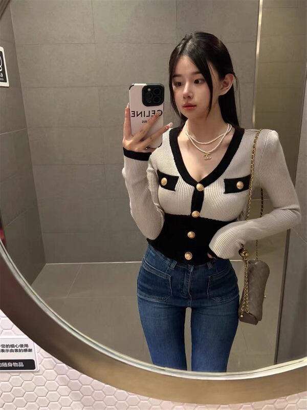 【LINNA】Small Fragrant Style Contrast Color Edge Metal Button Slim Short Knit Cardigan 82915# JJ