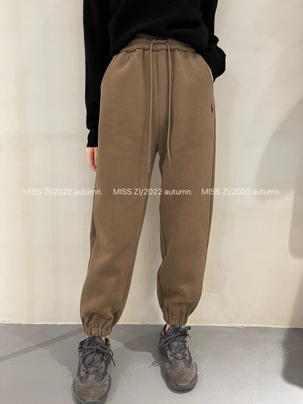 【MISS ZI】Korean all-match solid color embroidery pattern sanding composite fleece sweatpants casual pants plus velvet 3377