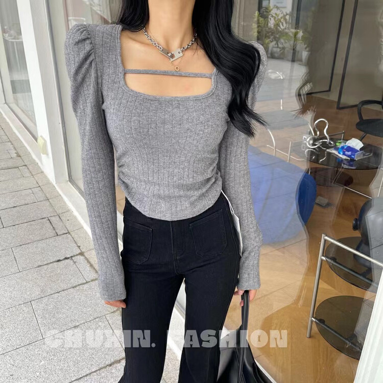 [C.X Beginning] Korean version square neck puff sleeve long sleeve T-shirt 6627# WTT