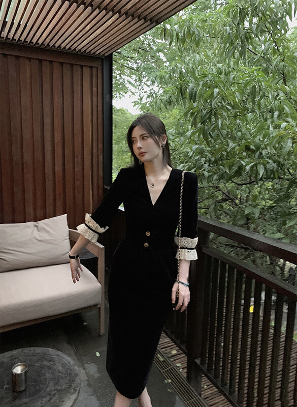 【BY】French stitching lace velvet dress 7401# HJY