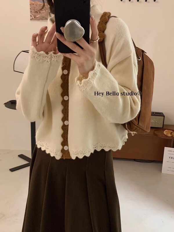 【HEY BELLA】Colorblock Korean Simple Loose Knit Cardigan 9560# L