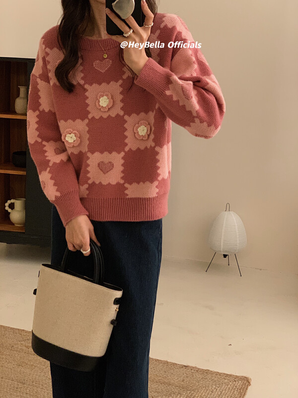 【HEY BELLA】Korean style pullover plaid warm sweater 9536# L