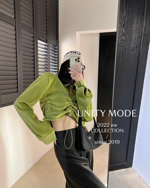 【UNITY】Winter Spice Girls Thin Long Sleeve Top Suede Short Drawstring Shirt 221014005# CQW