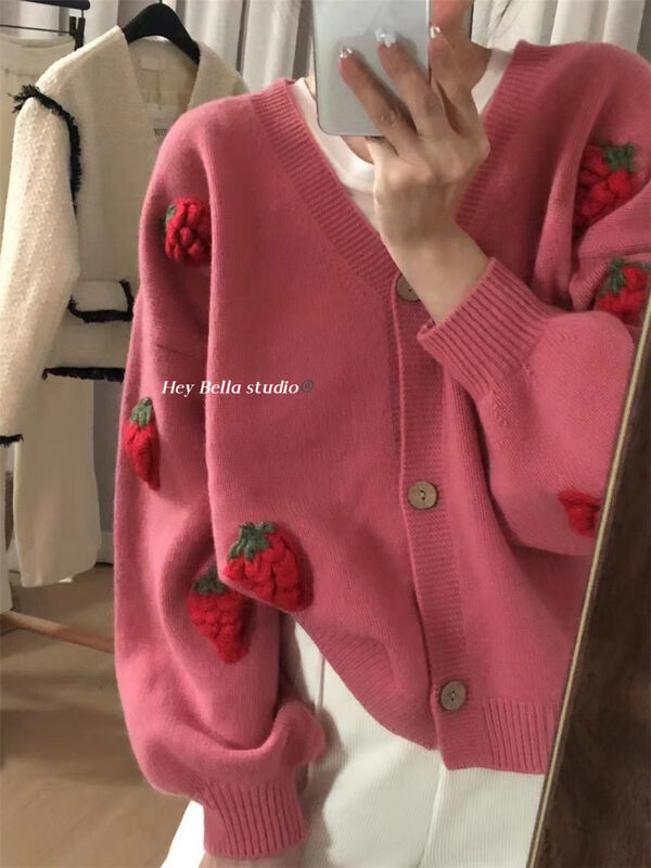 New in winter!【HEY BELLA】V-neck single-breasted loose and comfortable warm sweater B9636# L