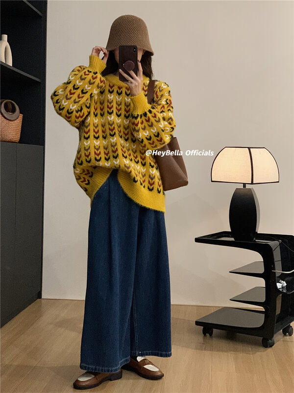 New in winter! [HEY BELLA] round neck loose pullover color matching comfortable warm sweater B9629# L