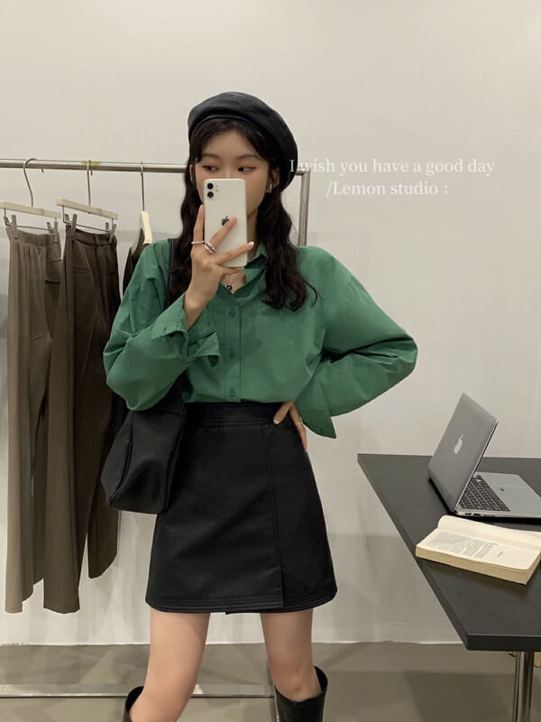 [Lemon Green Tea] New Korean style simple solid color design shirt in early autumn 2319