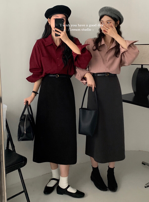 [Lemon Green Tea] Korean version of the simple high-waisted slim skirt (with belt) thickened brushed natural color belt 2553